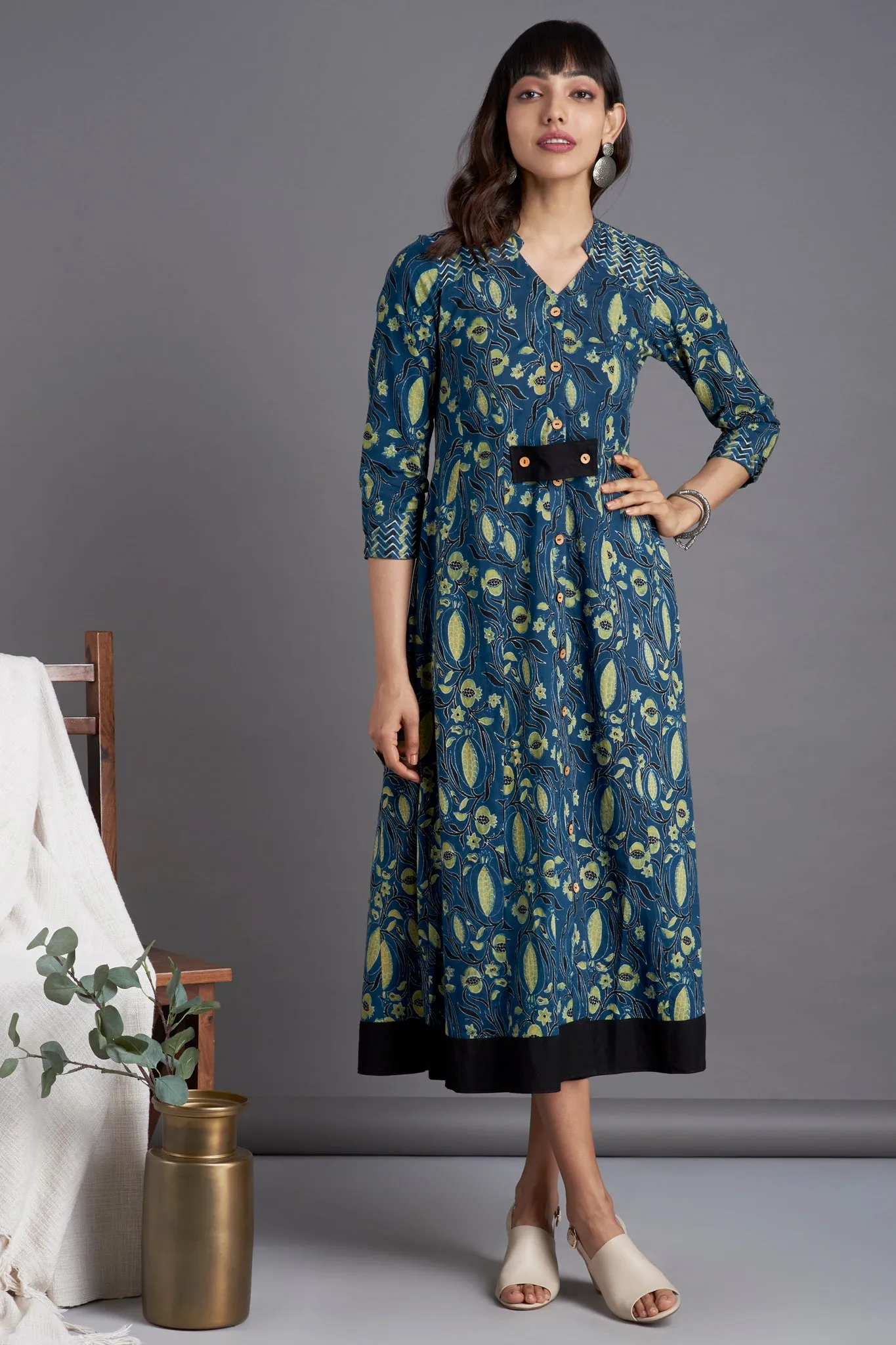 long button down dress - marine blue & pomegranate motifs