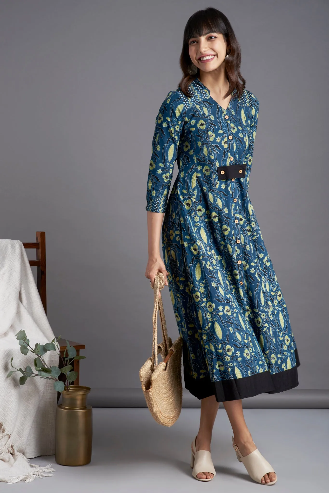 long button down dress - marine blue & pomegranate motifs