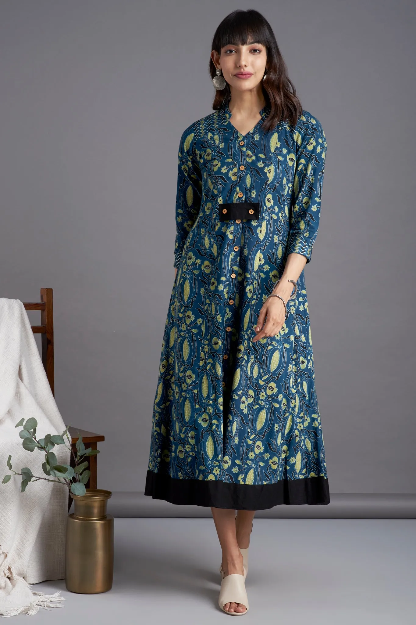 long button down dress - marine blue & pomegranate motifs