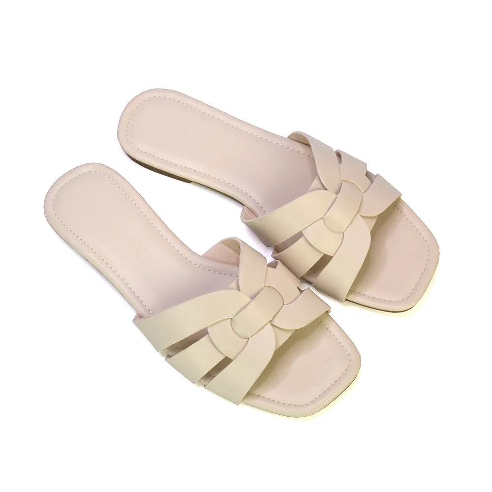 Luci Square Toe Slip On Summer Strappy Flat Holiday Sandals in Nude