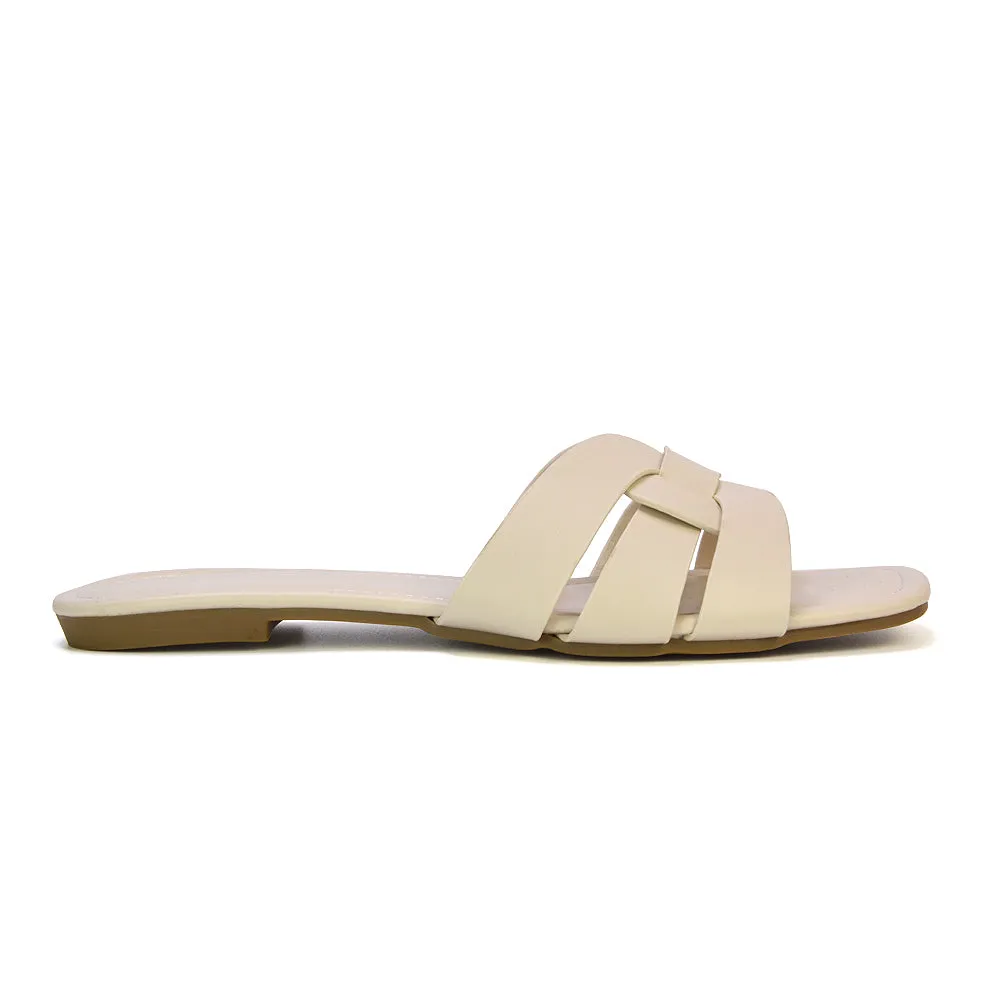 Luci Square Toe Slip On Summer Strappy Flat Holiday Sandals in Nude