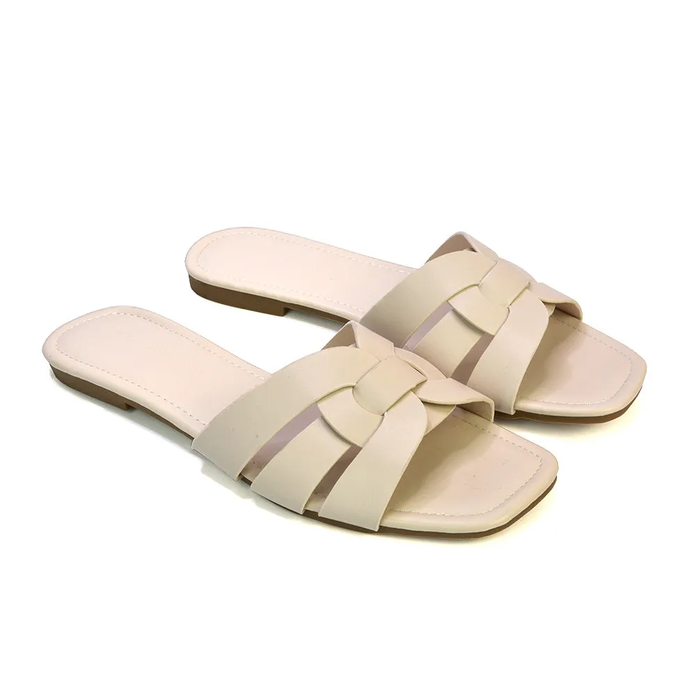 Luci Square Toe Slip On Summer Strappy Flat Holiday Sandals in Nude