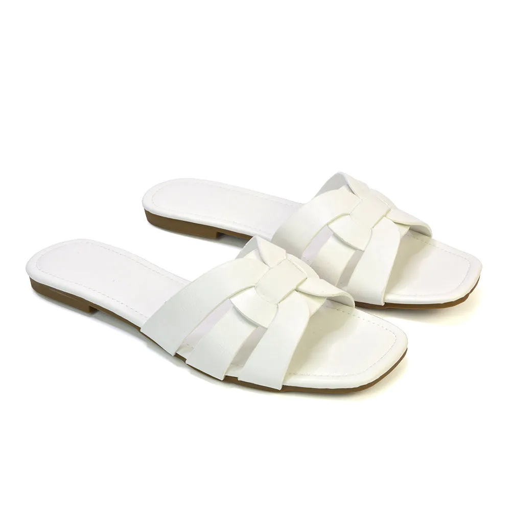 Luci Square Toe Slip On Summer Strappy Flat Holiday Sandals in White