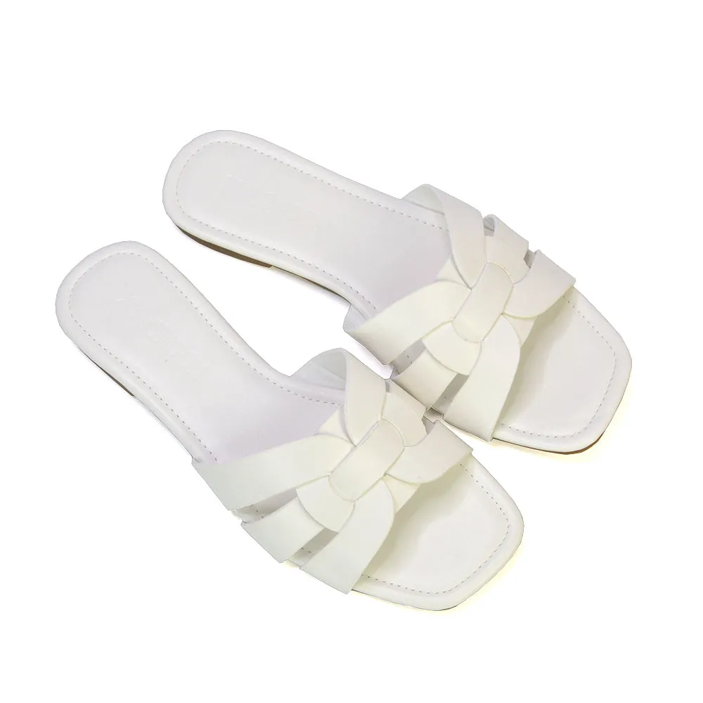 Luci Square Toe Slip On Summer Strappy Flat Holiday Sandals in White