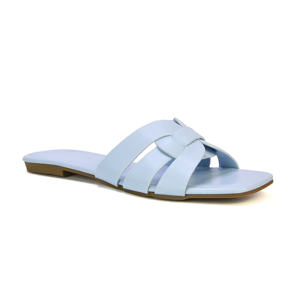 Luci Square Toe Slip On Summer Strappy Flat Holiday Sandals in White