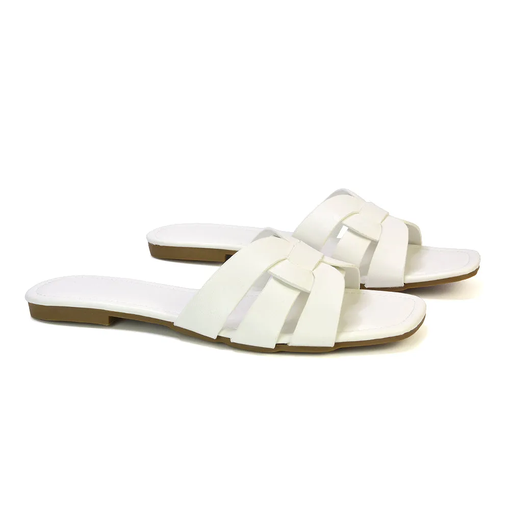 Luci Square Toe Slip On Summer Strappy Flat Holiday Sandals in White