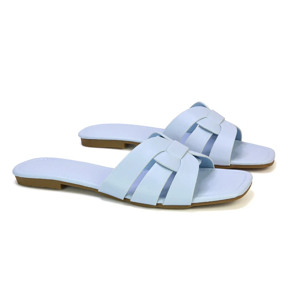 Luci Square Toe Slip On Summer Strappy Flat Holiday Sandals in White