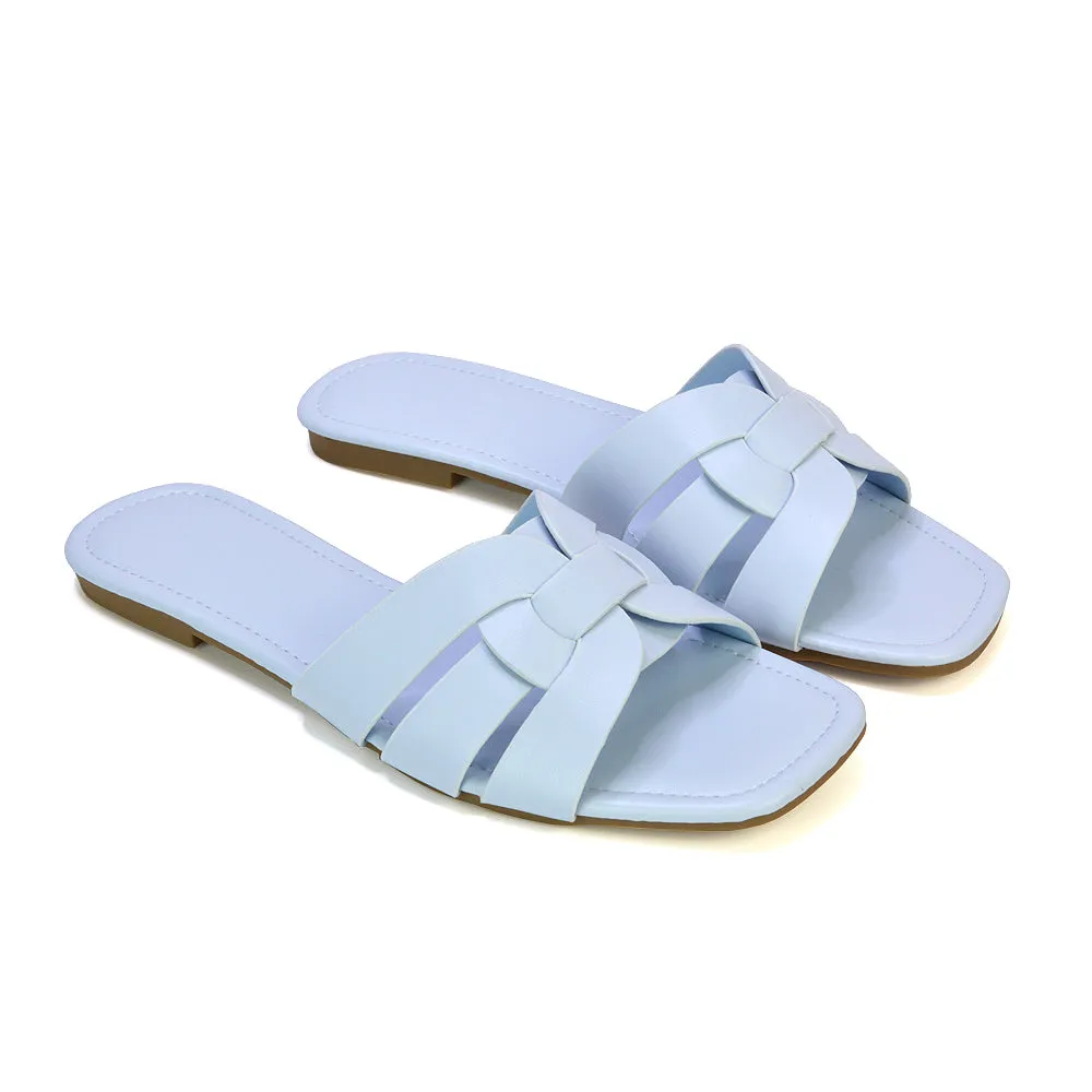 Luci Square Toe Slip On Summer Strappy Flat Holiday Sandals in White