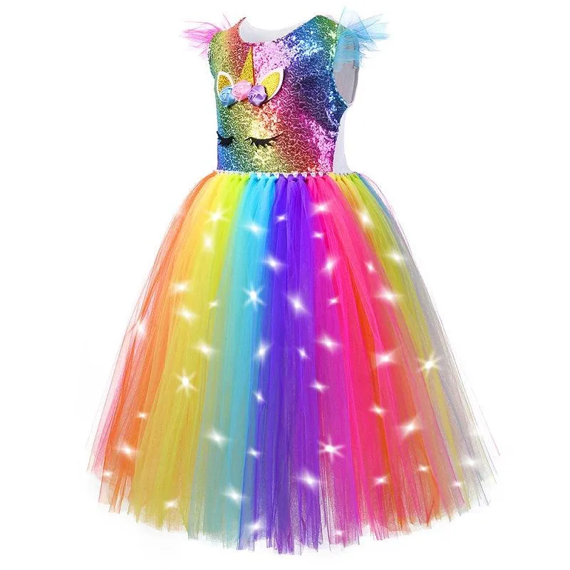 Magical Unicorn Rainbow Dress Girls Glow Princess Dress Carnival Halloween Cosplay Costume Elegant birthday evening dress