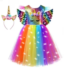 Magical Unicorn Rainbow Dress Girls Glow Princess Dress Carnival Halloween Cosplay Costume Elegant birthday evening dress