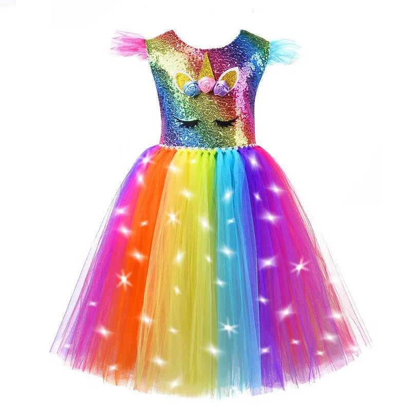 Magical Unicorn Rainbow Dress Girls Glow Princess Dress Carnival Halloween Cosplay Costume Elegant birthday evening dress