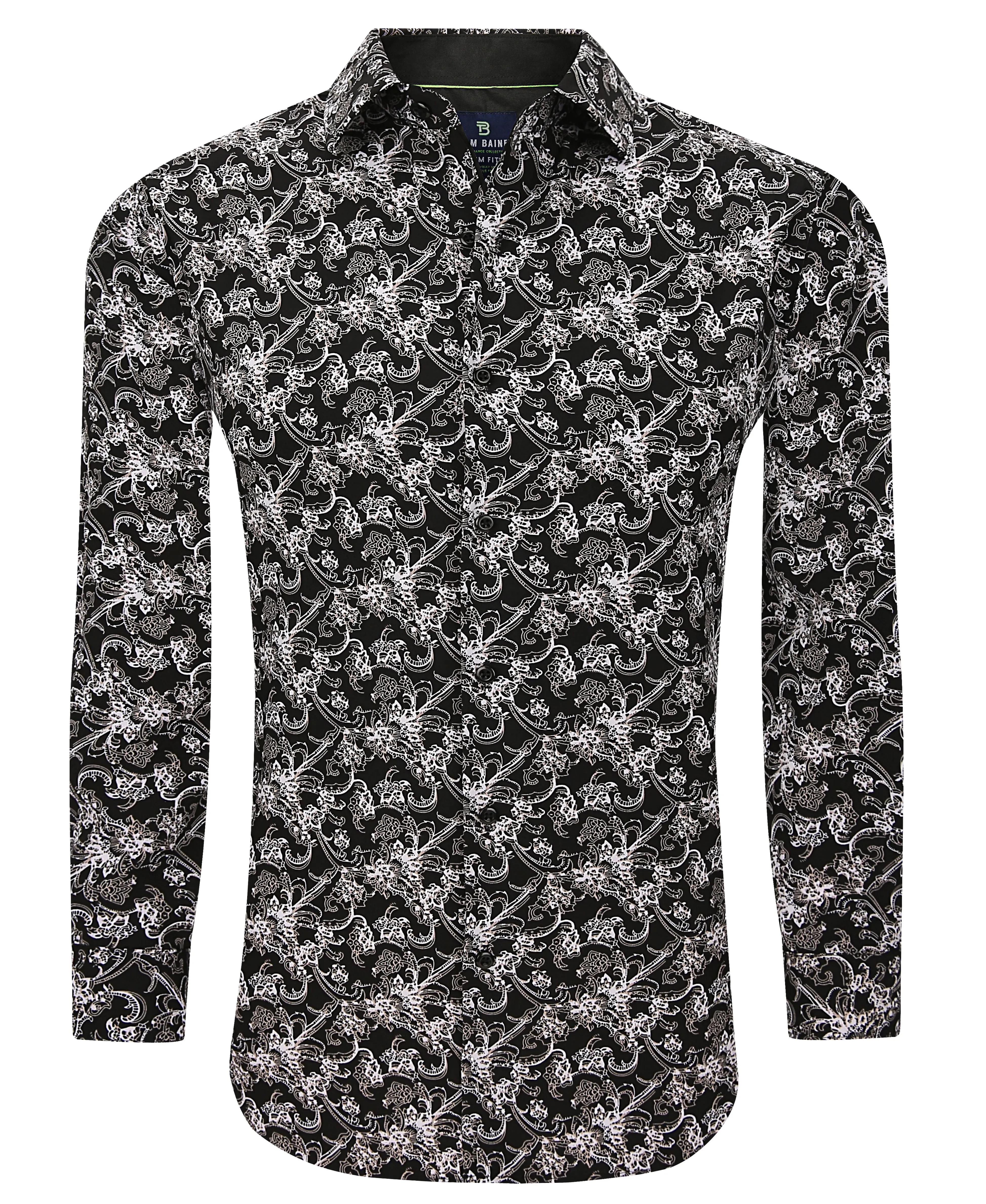 Men's Slim Fit Performance Long Sleeve Printed Shirt Black