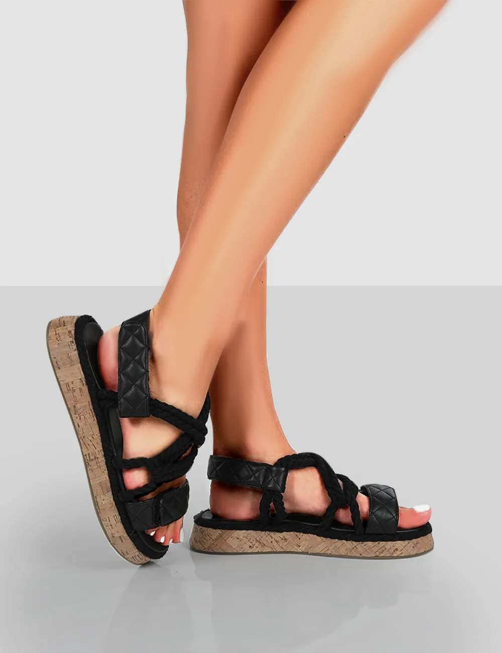 Miami Black Rope Flatform Lace Up Sandals