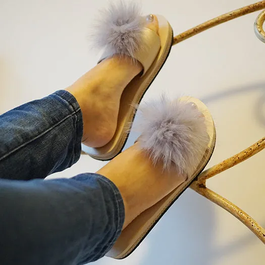 Mink Pom Pom Real Fur Slide - Espadrille Flat Sandals for Women