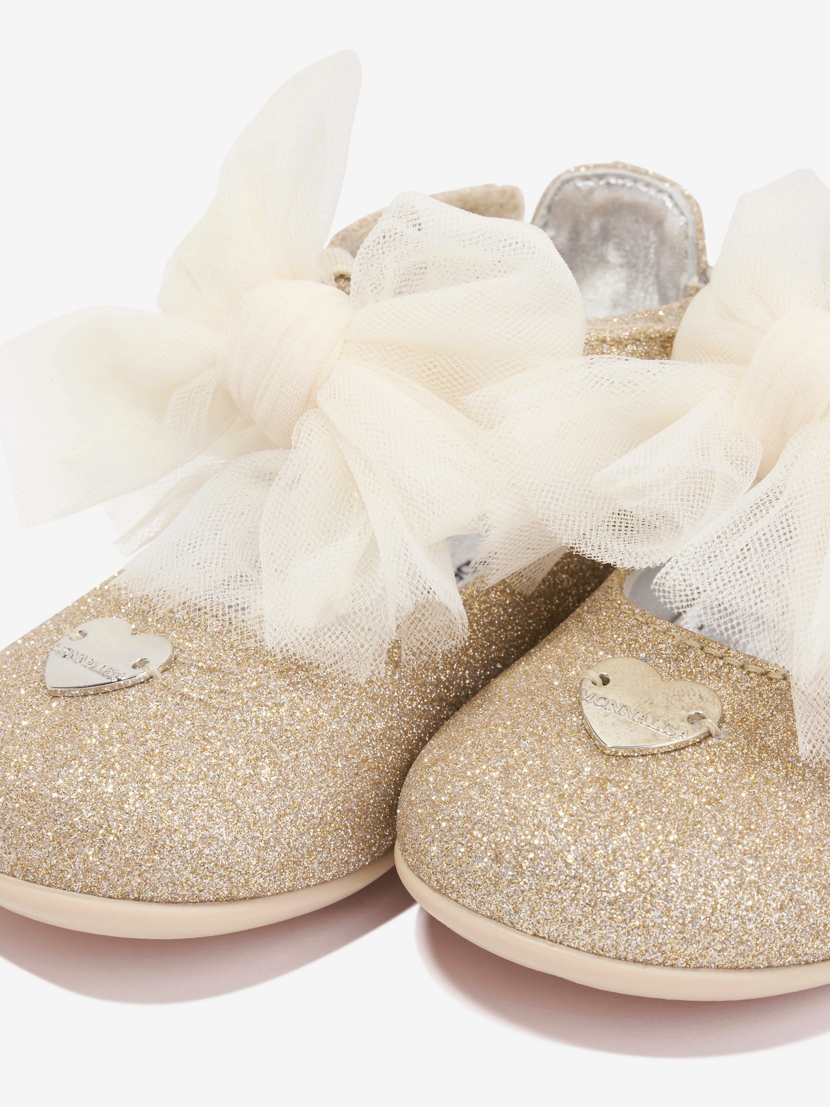 Monnalisa Girls Tulle Bow Glitter Ballerina Shoes in Gold