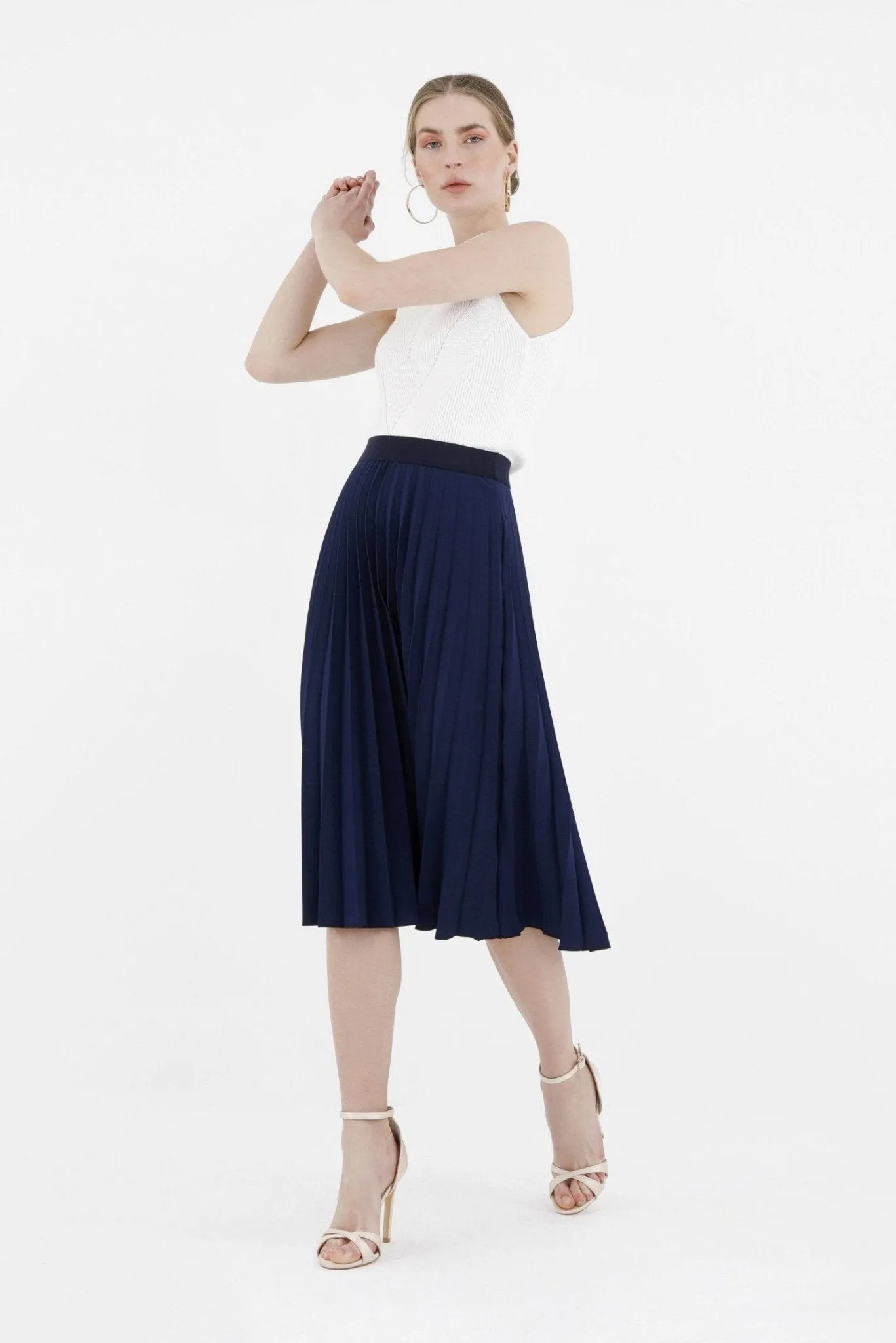 Navy Pleated Skirt High Waist Elastic Waist Band Midi Skirt