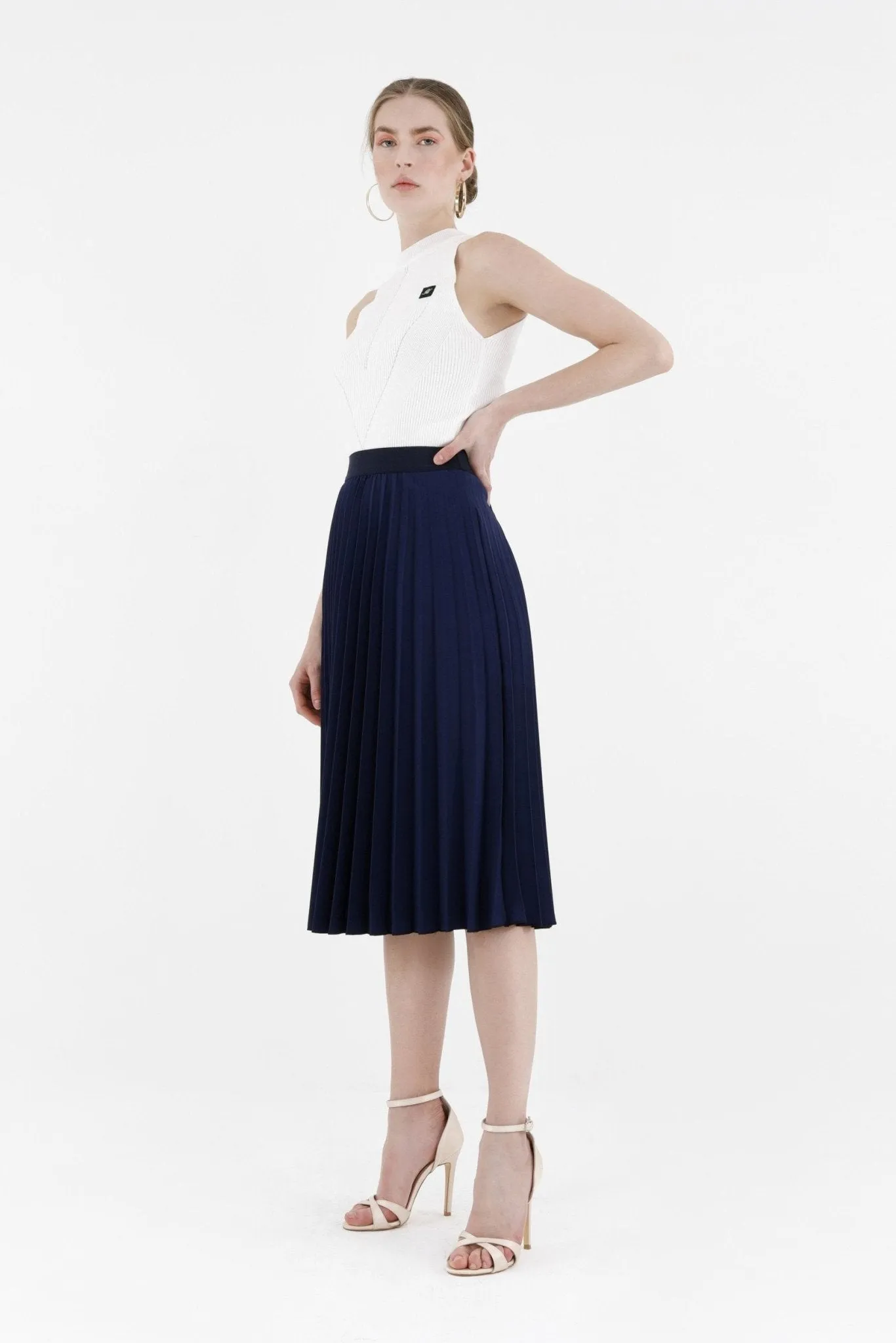 Navy Pleated Skirt High Waist Elastic Waist Band Midi Skirt