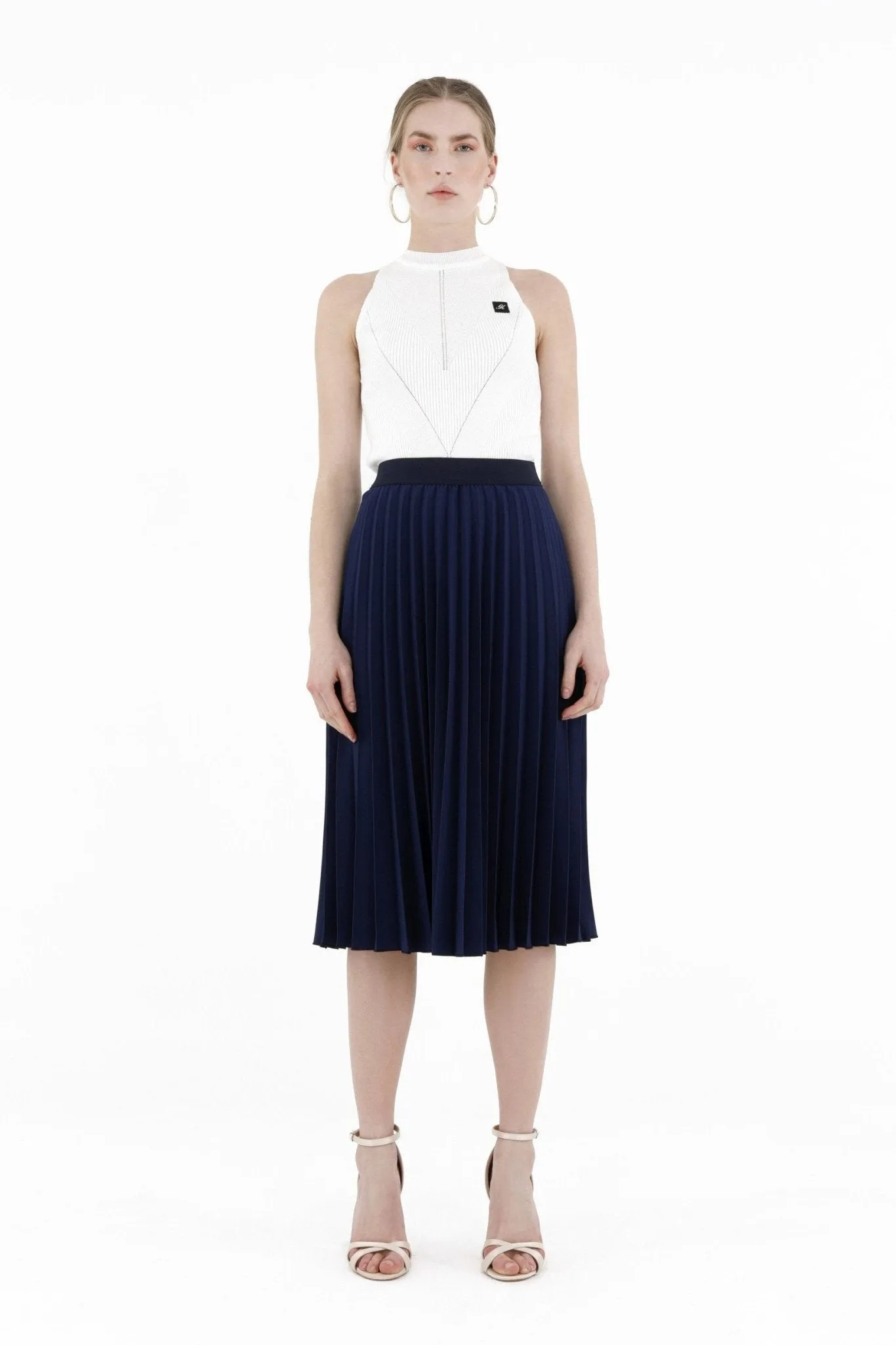 Navy Pleated Skirt High Waist Elastic Waist Band Midi Skirt