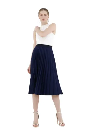 Navy Pleated Skirt High Waist Elastic Waist Band Midi Skirt