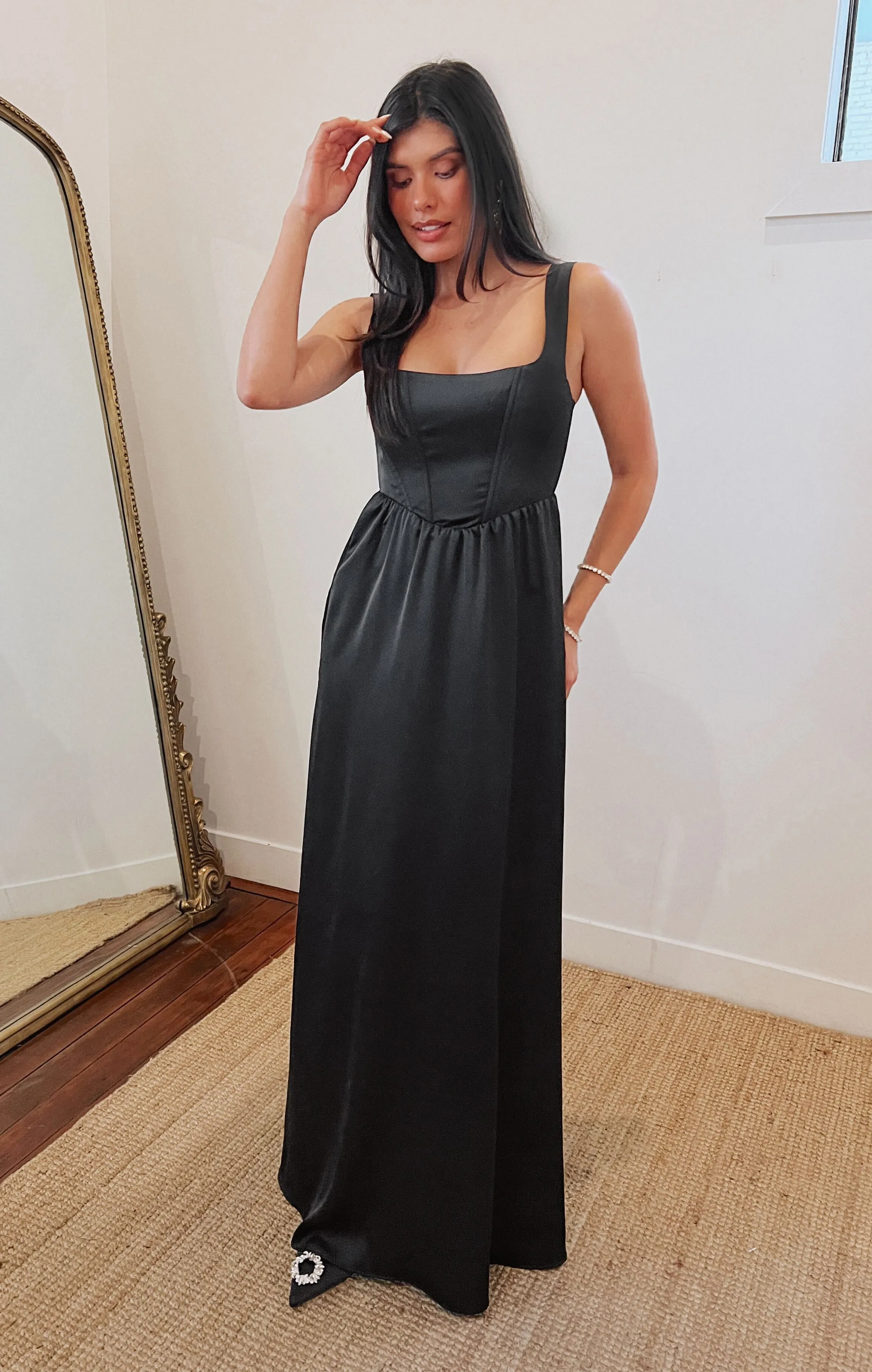 Nina Maxi Dress ~ Black Luxe Satin