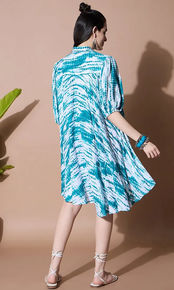 OCEAN BREEZE FLARED TIE DYE SHIRT DRESS