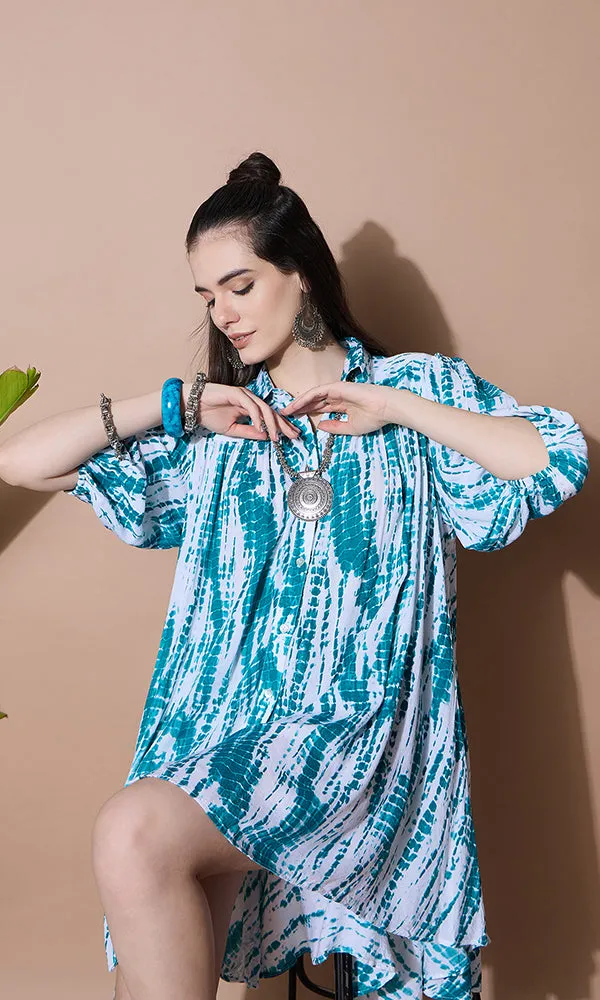 OCEAN BREEZE FLARED TIE DYE SHIRT DRESS