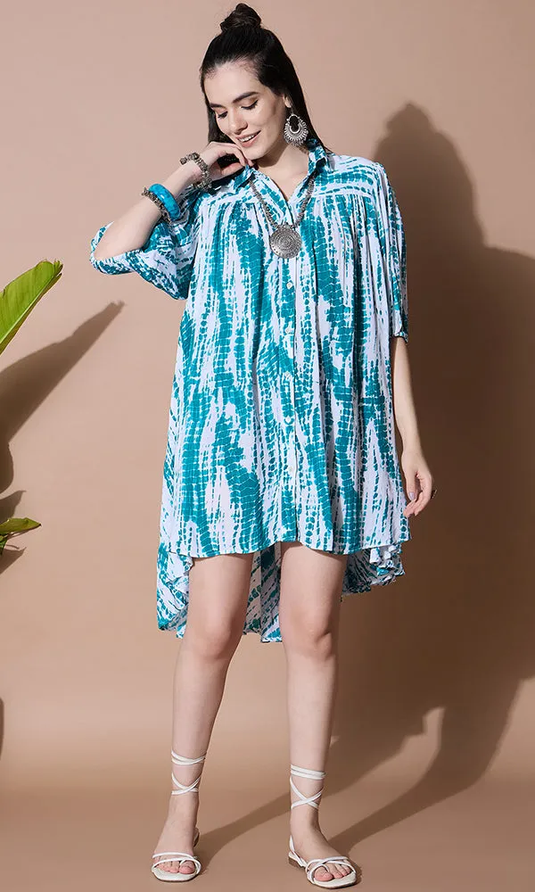 OCEAN BREEZE FLARED TIE DYE SHIRT DRESS