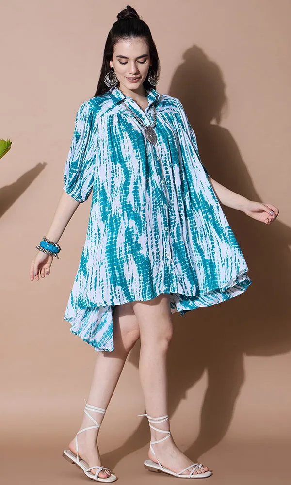 OCEAN BREEZE FLARED TIE DYE SHIRT DRESS