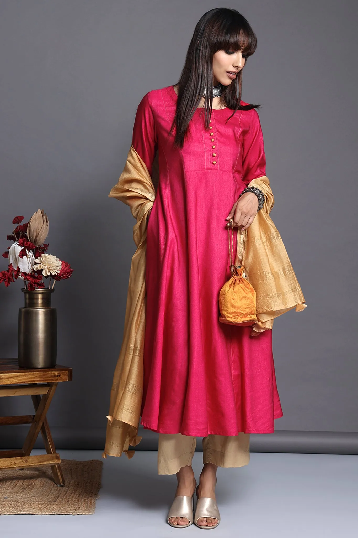 panel anarkali with pockets - exuberant pink & golden hour