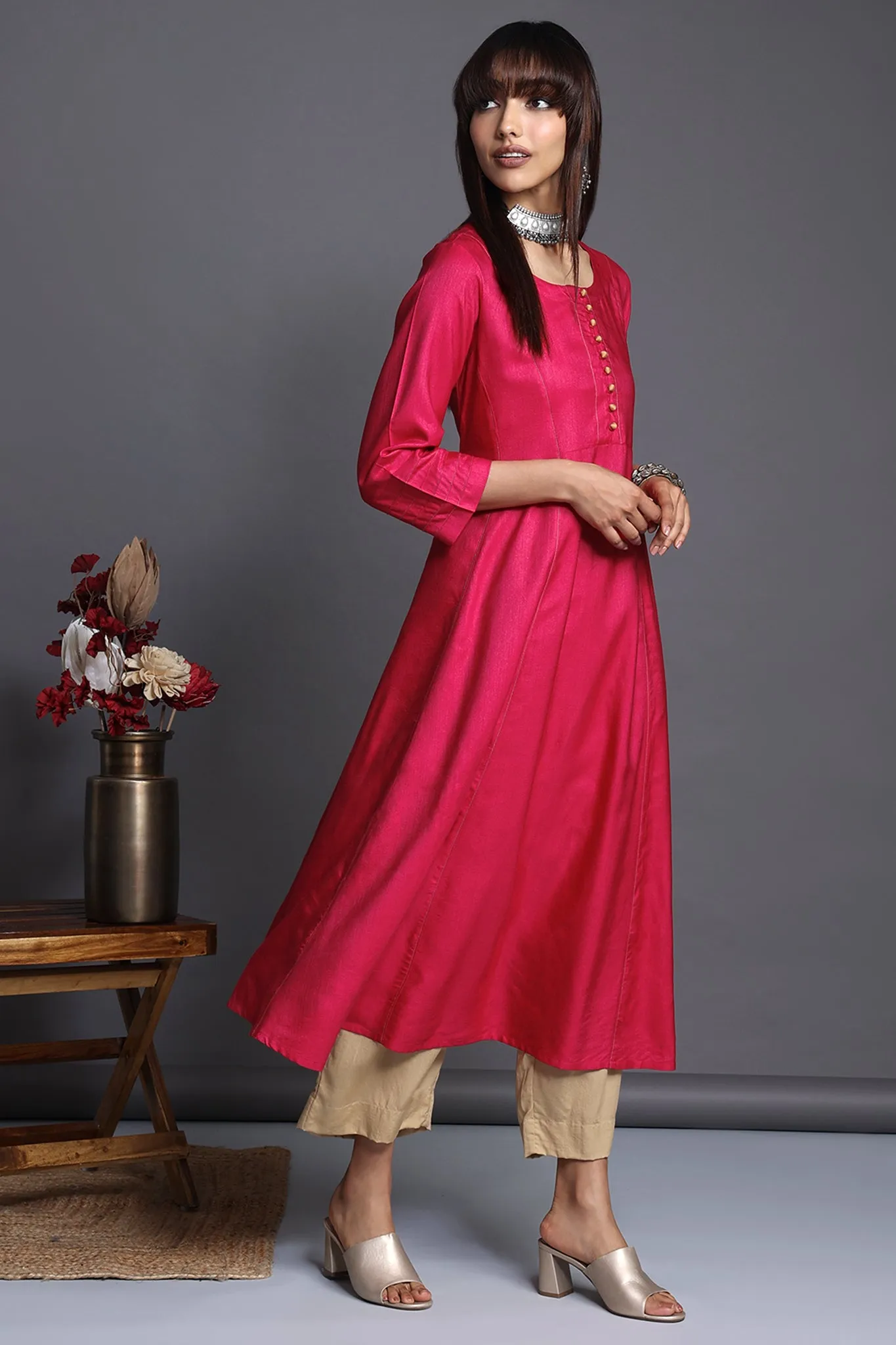 panel anarkali with pockets - exuberant pink & golden hour