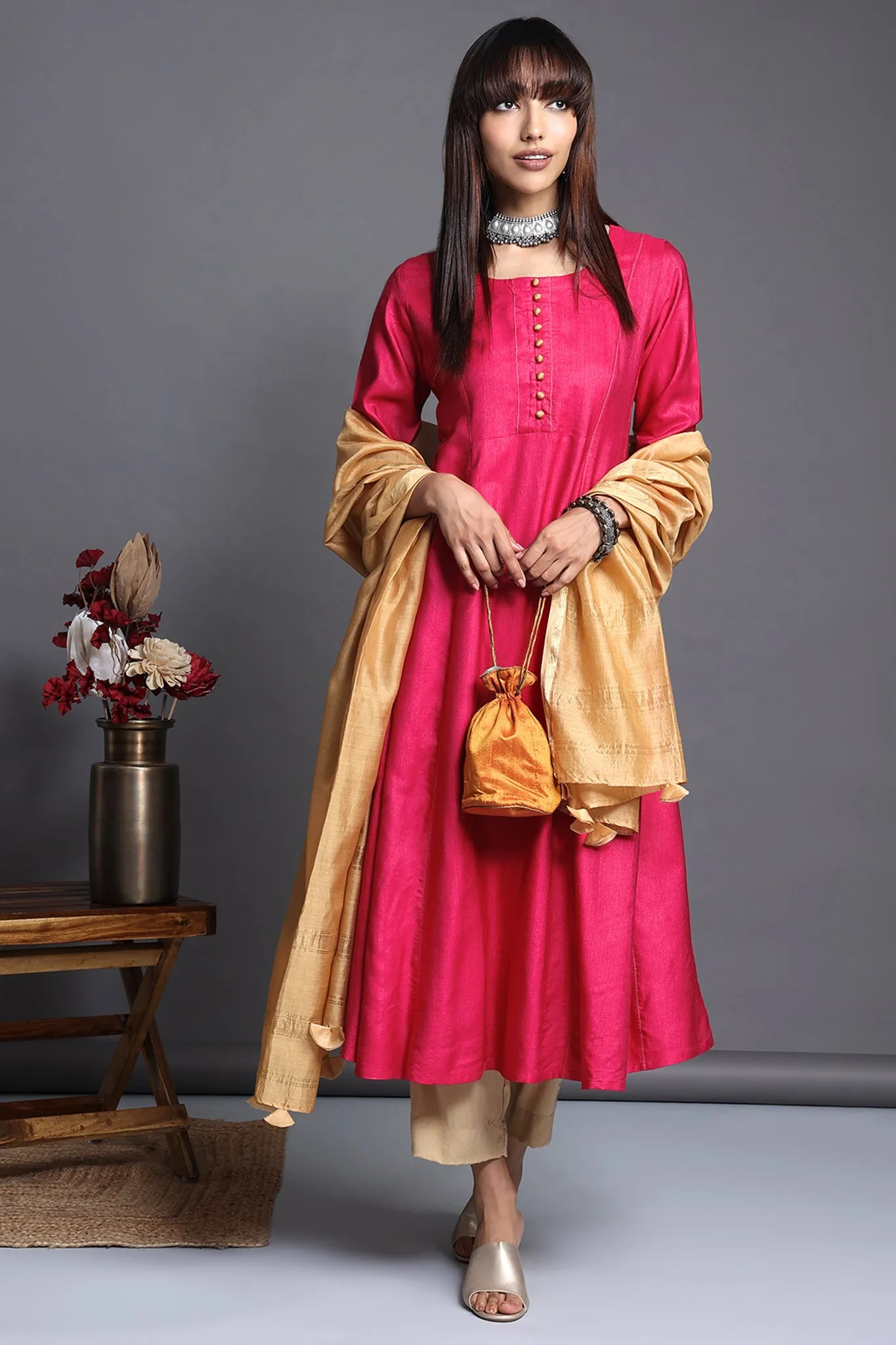 panel anarkali with pockets - exuberant pink & golden hour