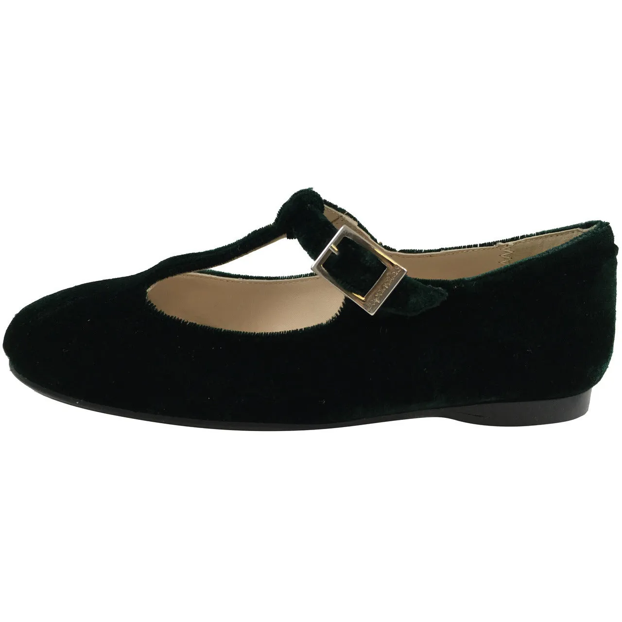 Papanatas by Eli 6427 Velvet Hunter Green T-Strap Buckle Mary Jane Flats