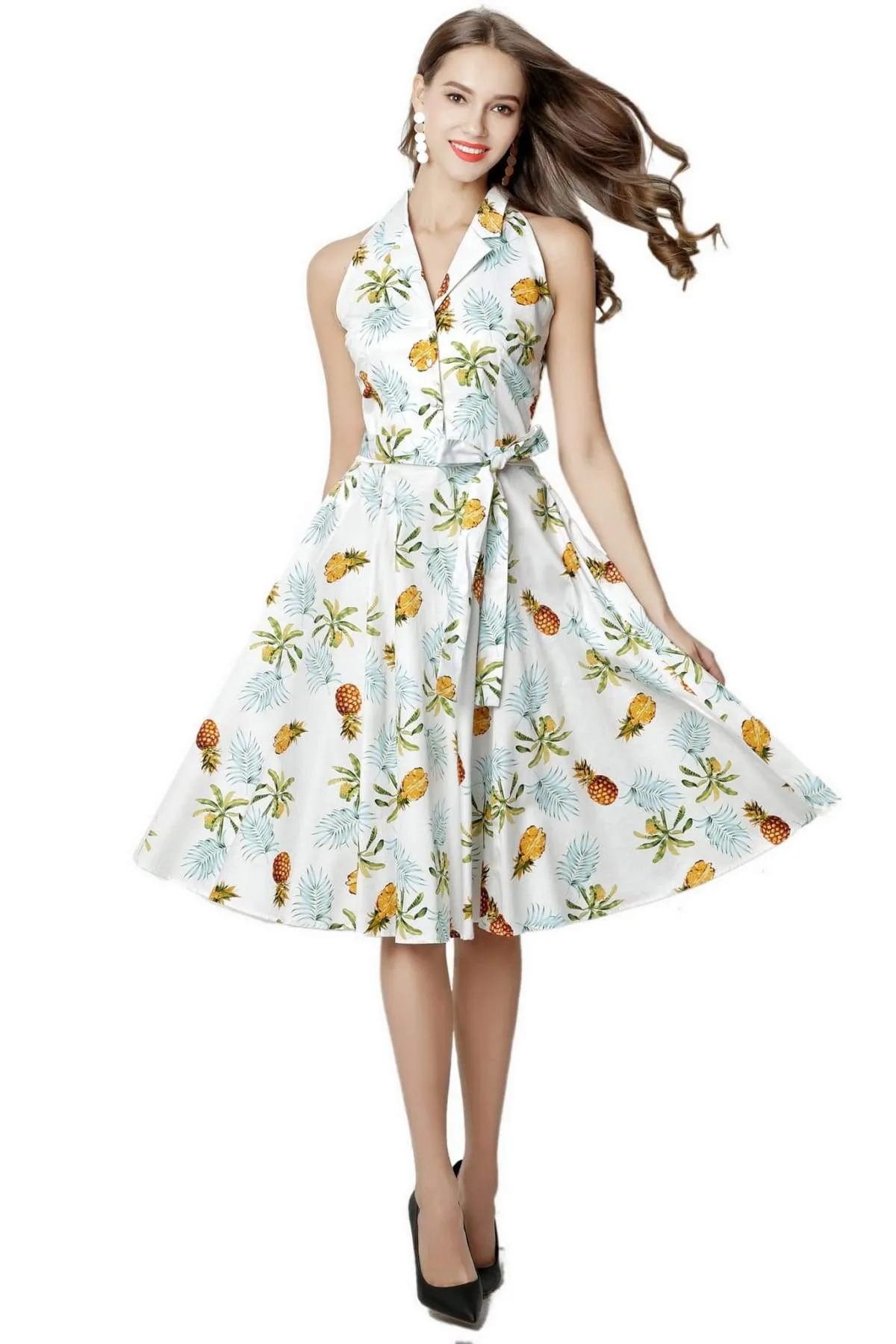 Pineapple and Palm White Halter Top Vintage Dress