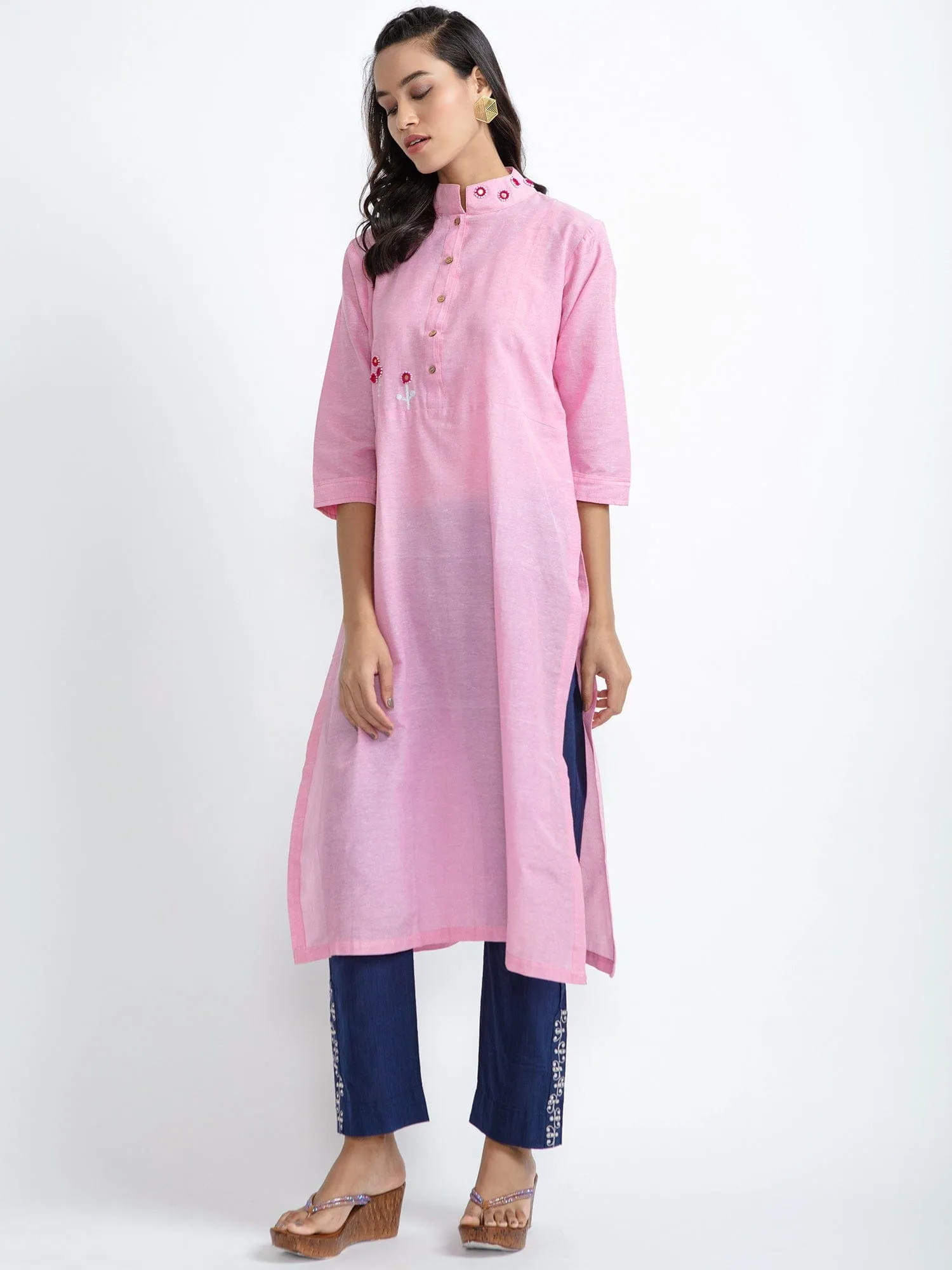 Pink Mirror Work Cotton Kurta set