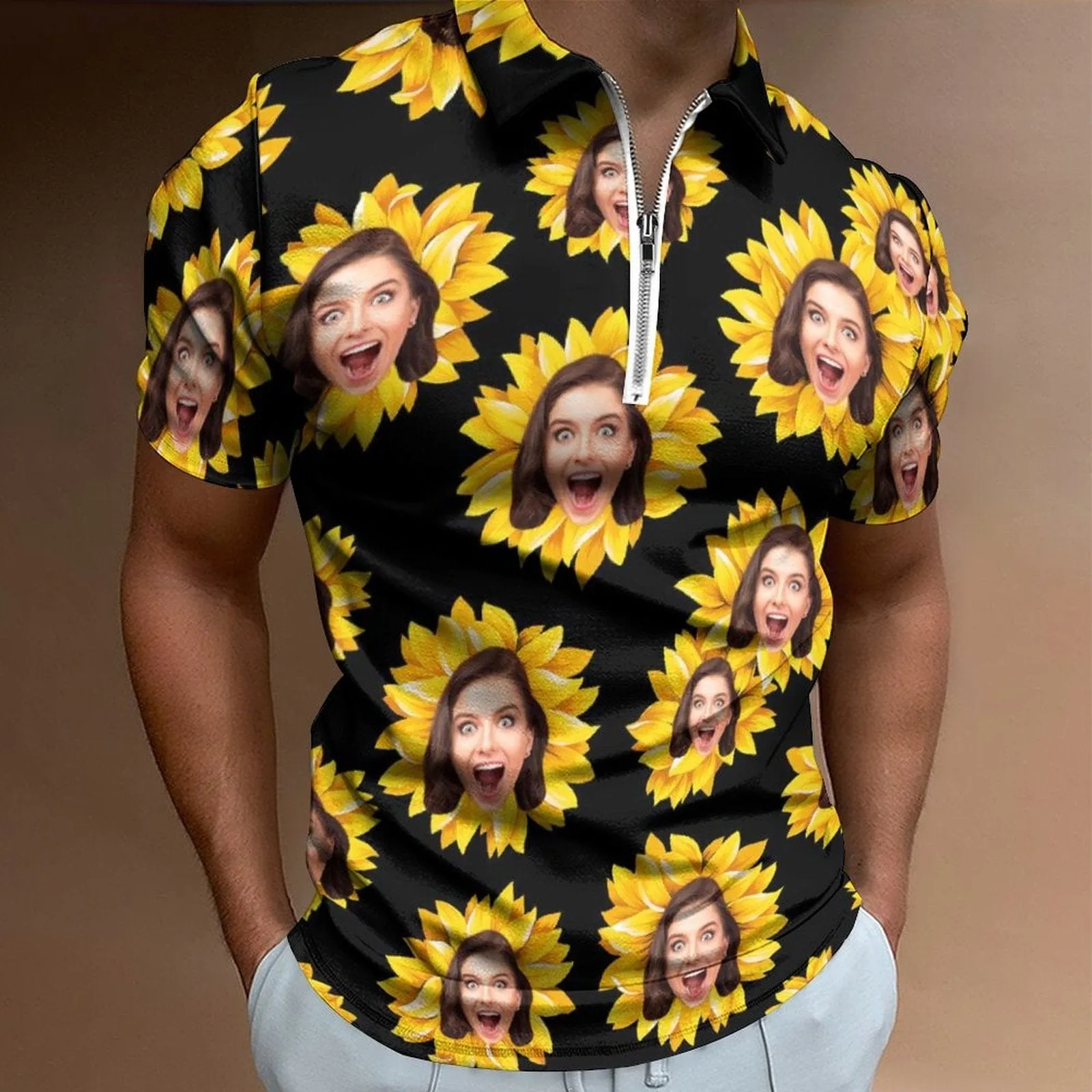 #Plus-Size Custom Face Sunflower Men's Short Sleeve Polo Shirt Personalized Zipper All Over Print Golf Shirt