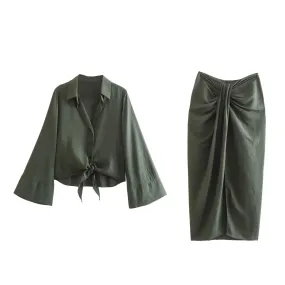 Pre Order: Elegant Olive Green Two-Piece Skirt Set