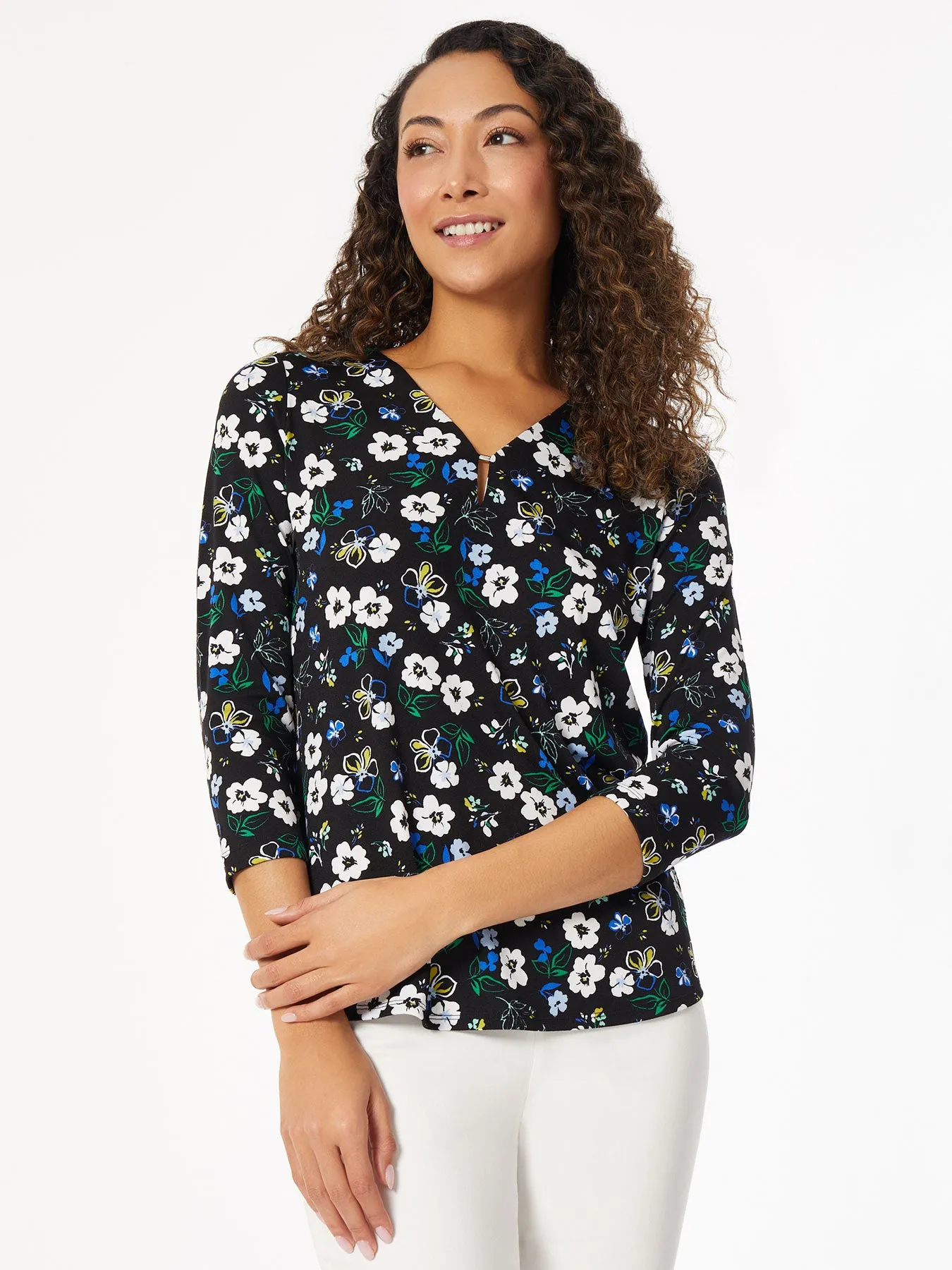 Printed Keyhole Neckline Knit Top