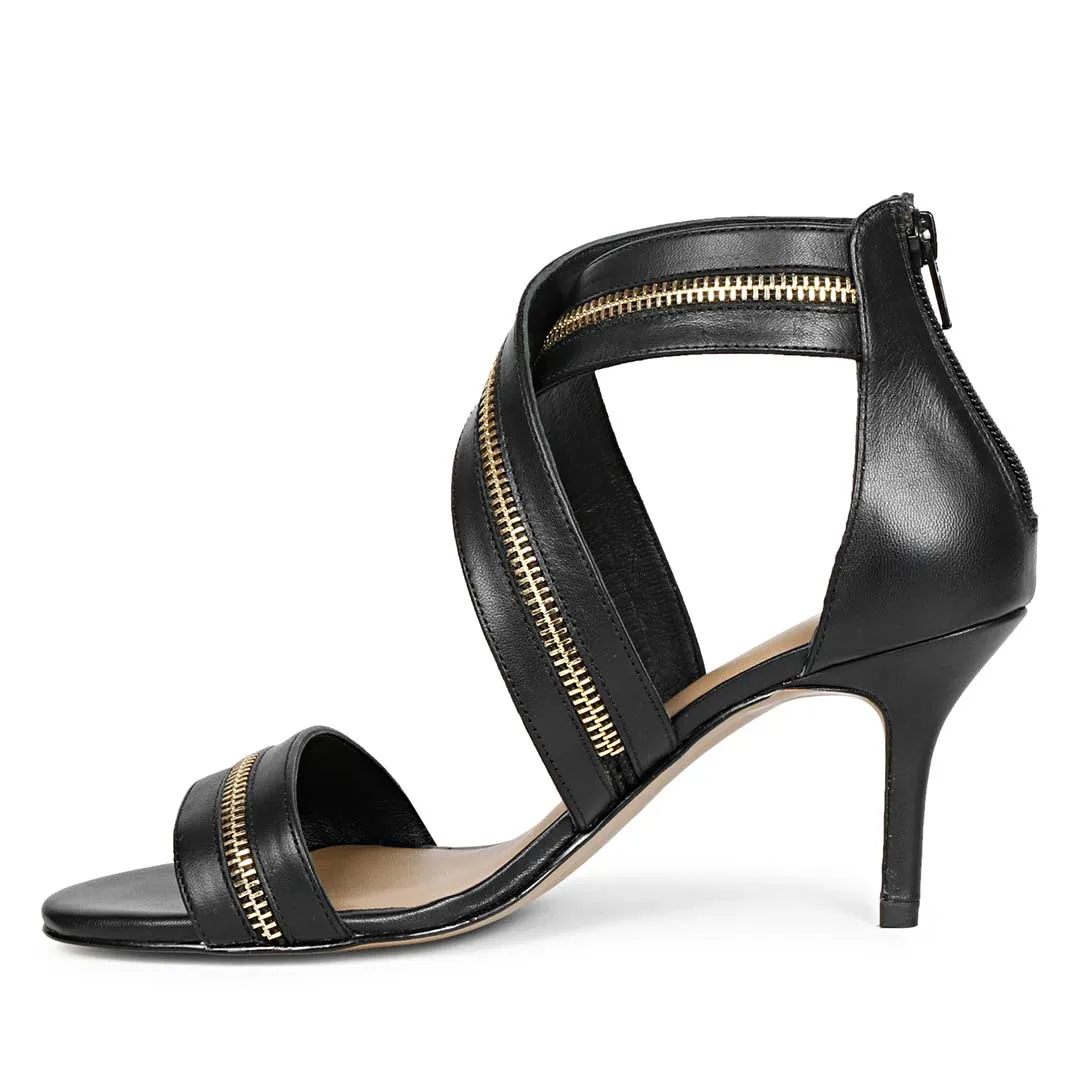 Saint Delilah Zip Decor Criss Cross Black Leather Stilettos