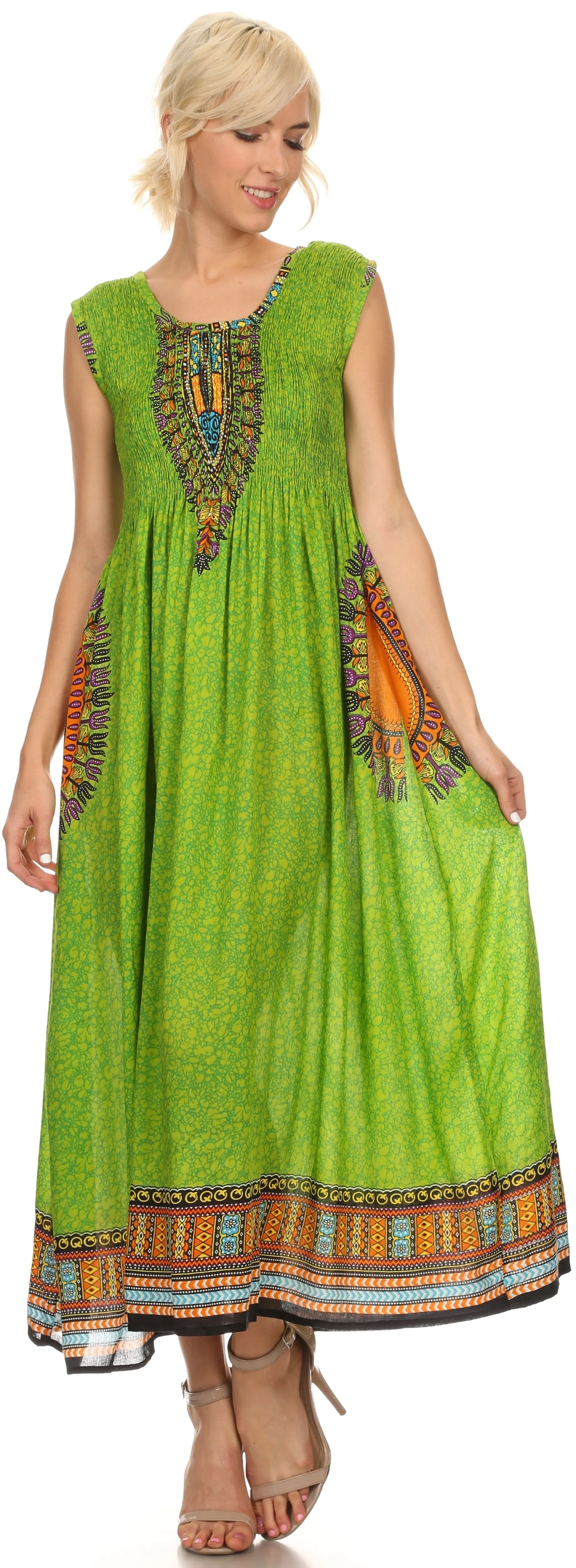 Sakkas Hoola Long Tall Full Length Tribal Printed Batik Tank Top Sleeveless Dress