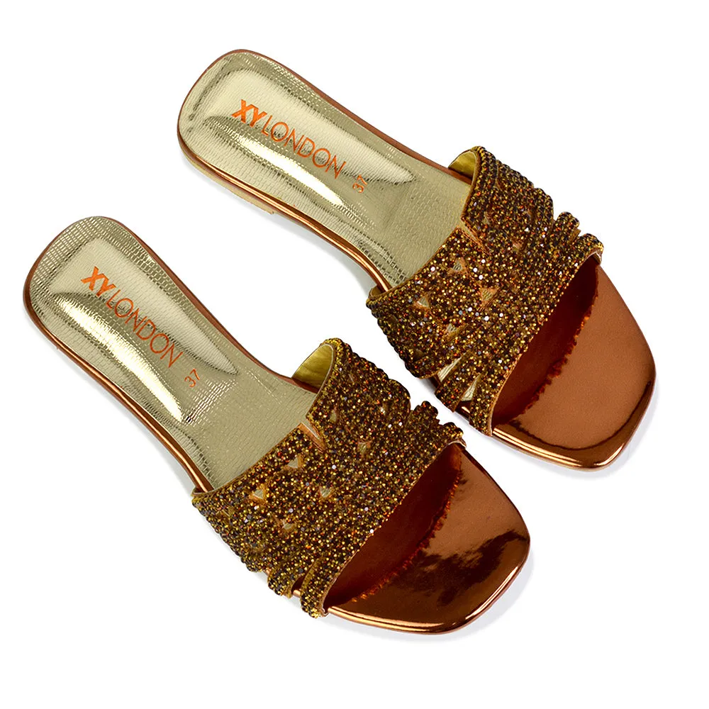 Sam Cut Out Square Toe Sparkly Front Strap Flat Diamante Sandals in Bronze