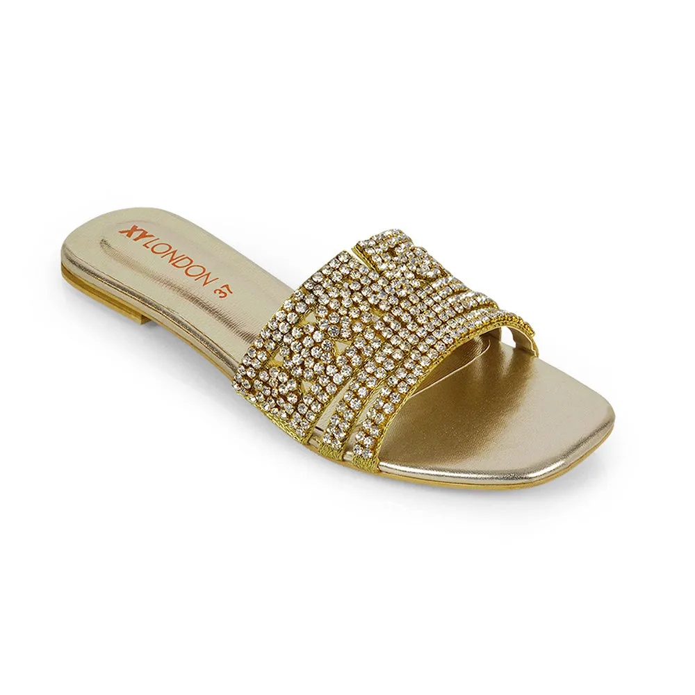 Sam Cut Out Square Toe Sparkly Front Strap Flat Diamante Sandals in Bronze