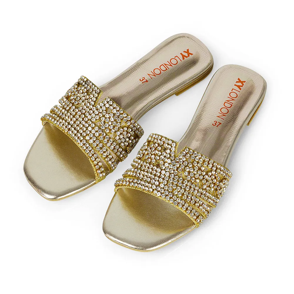 Sam Cut Out Square Toe Sparkly Front Strap Flat Diamante Sandals in Bronze