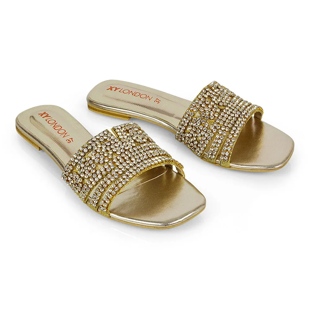 Sam Cut Out Square Toe Sparkly Front Strap Flat Diamante Sandals in Bronze