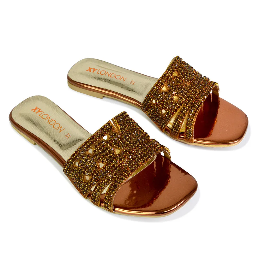 Sam Cut Out Square Toe Sparkly Front Strap Flat Diamante Sandals in Bronze