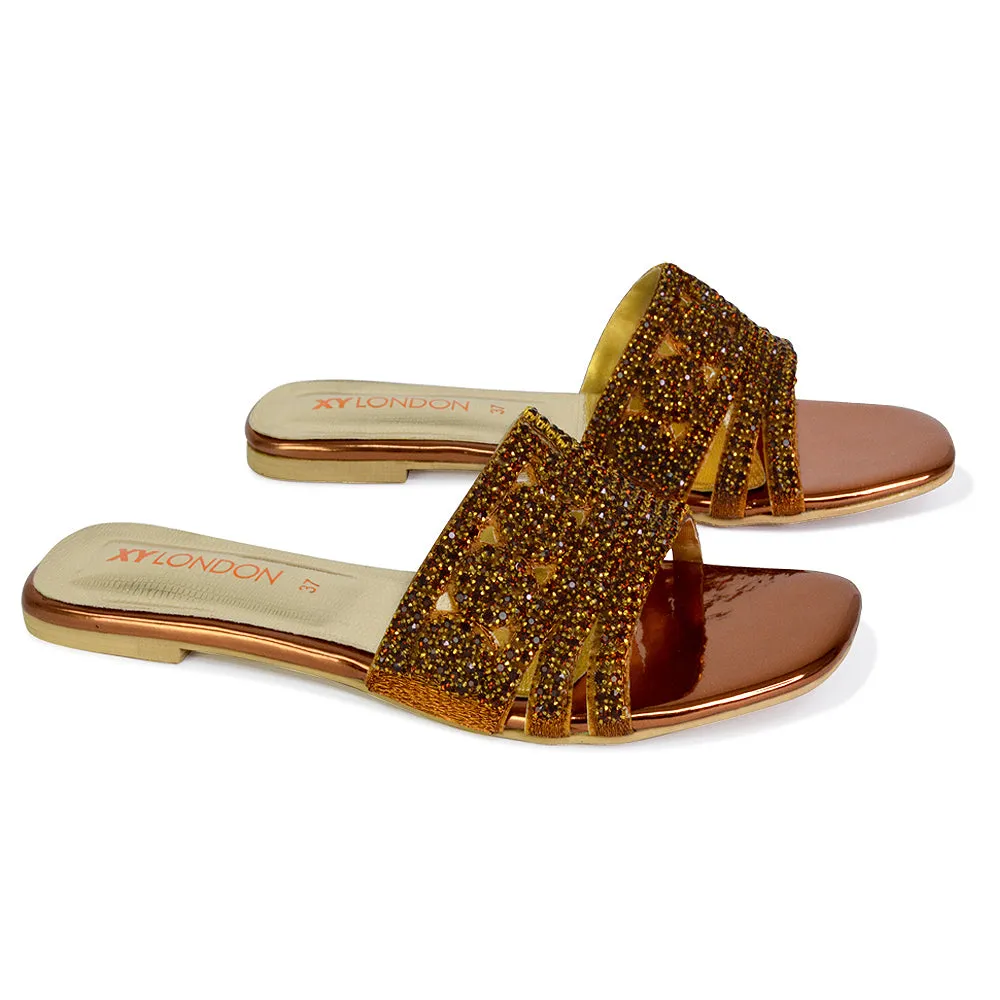 Sam Cut Out Square Toe Sparkly Front Strap Flat Diamante Sandals in Bronze