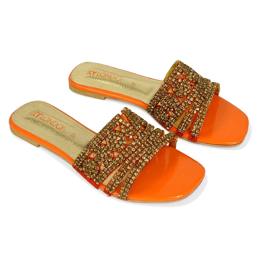 Sam Cut Out Square Toe Sparkly Front Strap Flat Diamante Sandals in Bronze