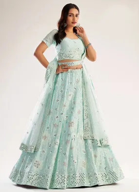 Sea Green Mirror Embroidered Soft Net Wedding Lehenga Choli