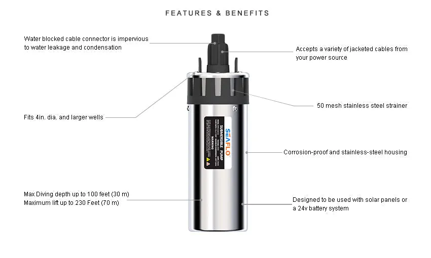 SEAFLO 24v Submersible Pump 103GPH, 100' Depth / 230' Head