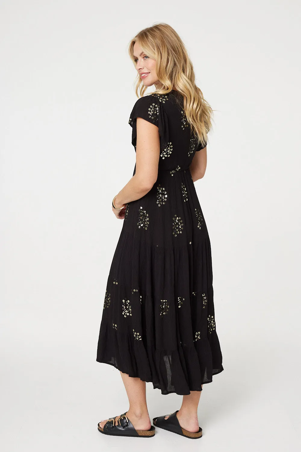 Sequin Detail Tie Neck Relaxed Maxi Dress