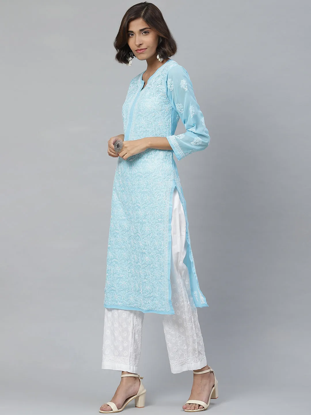 Sky Blue Chikan Kurta with White Palazzos